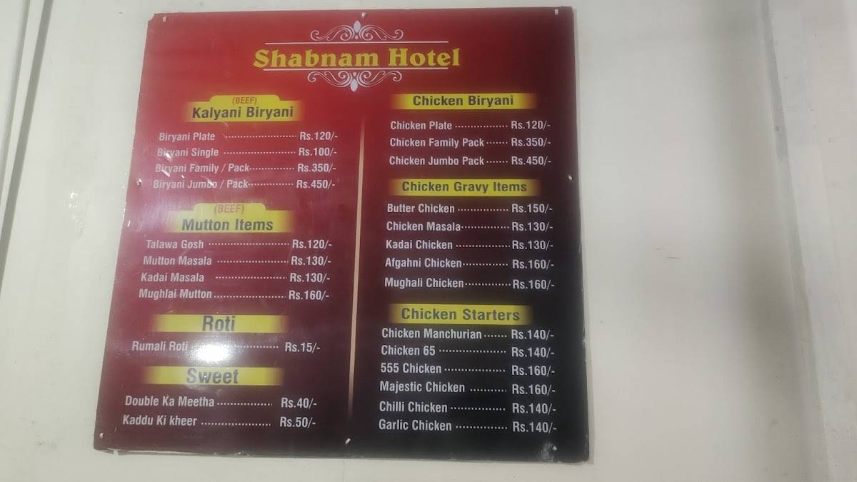 Shabnam Kalyani Biryani menu