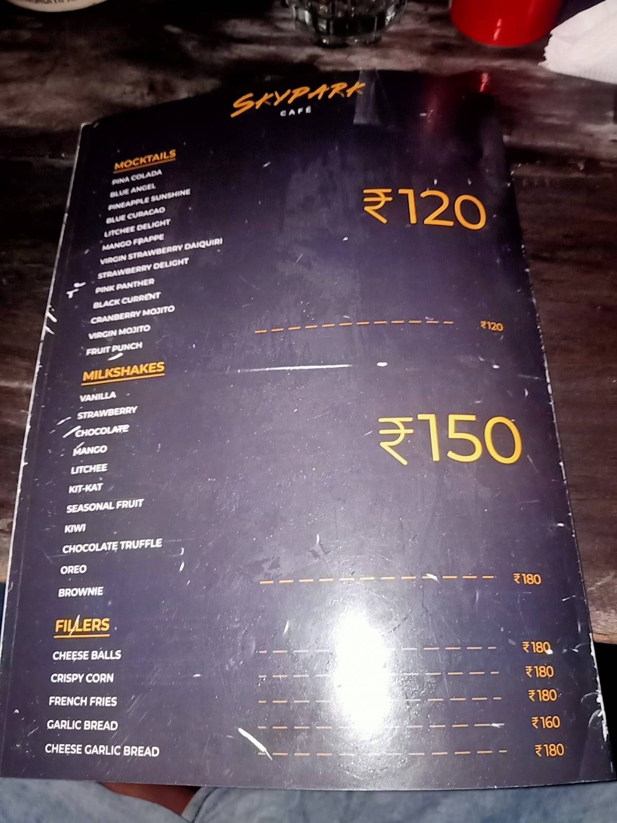 SkyPark Cafe menu