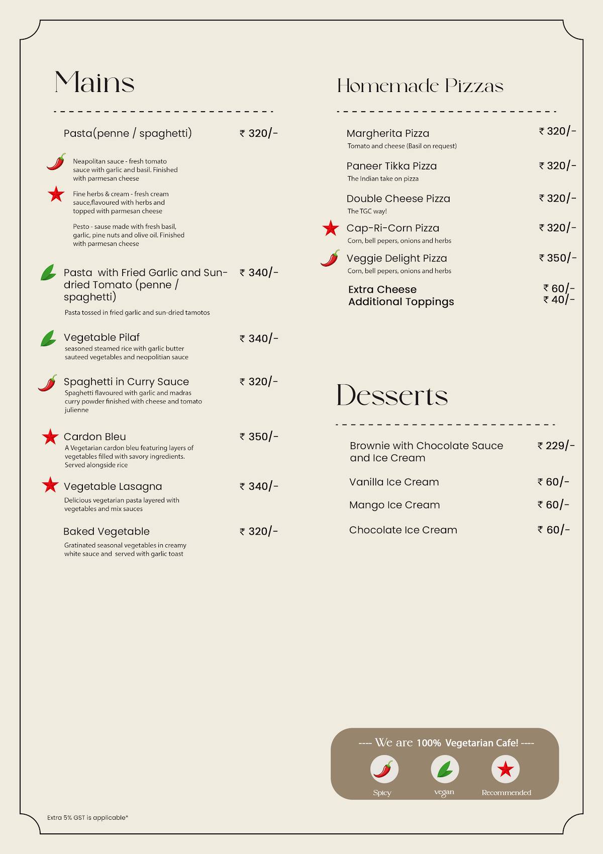 The Gallery Cafe menu