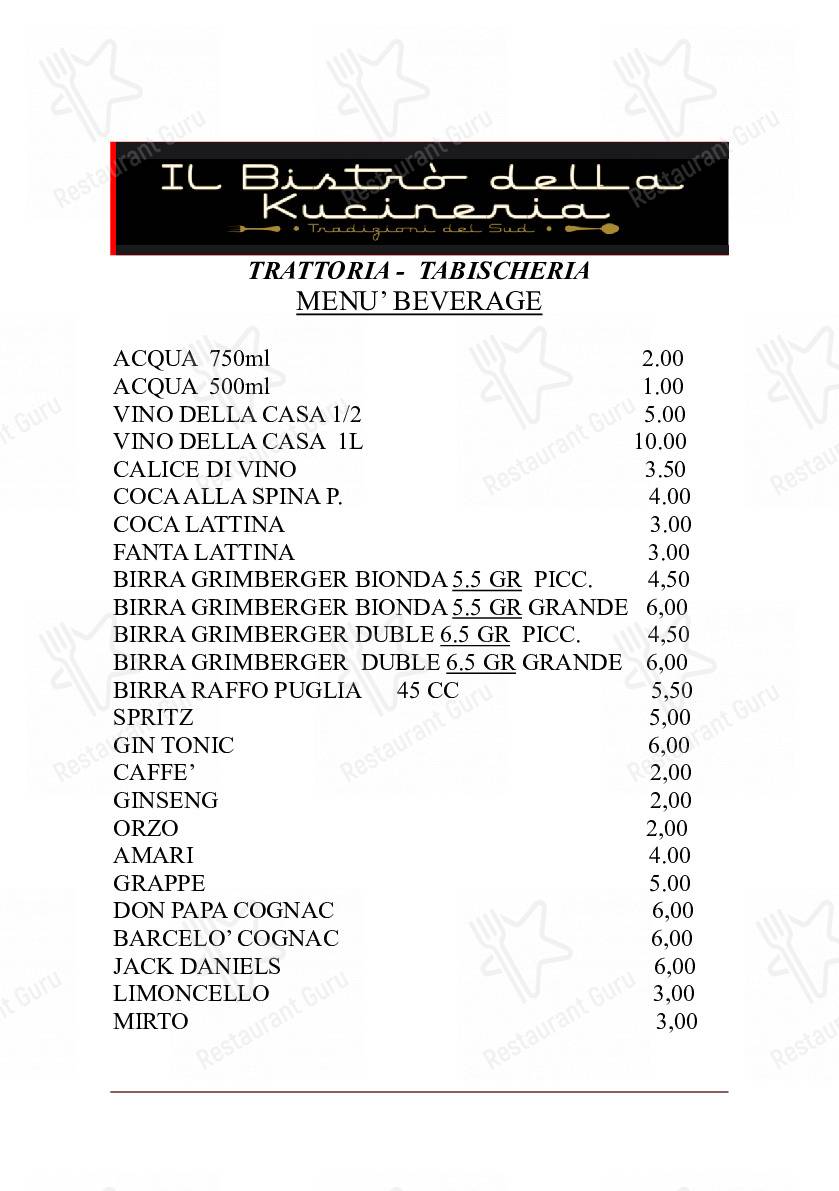 Menu di Il BISTRO’ DELLA KUCINERIA - pasti e bevande