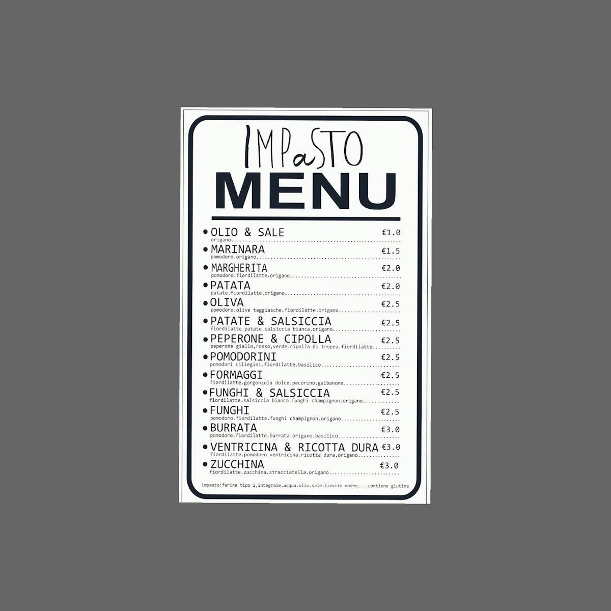 Menu di Impasto pizza e pane 