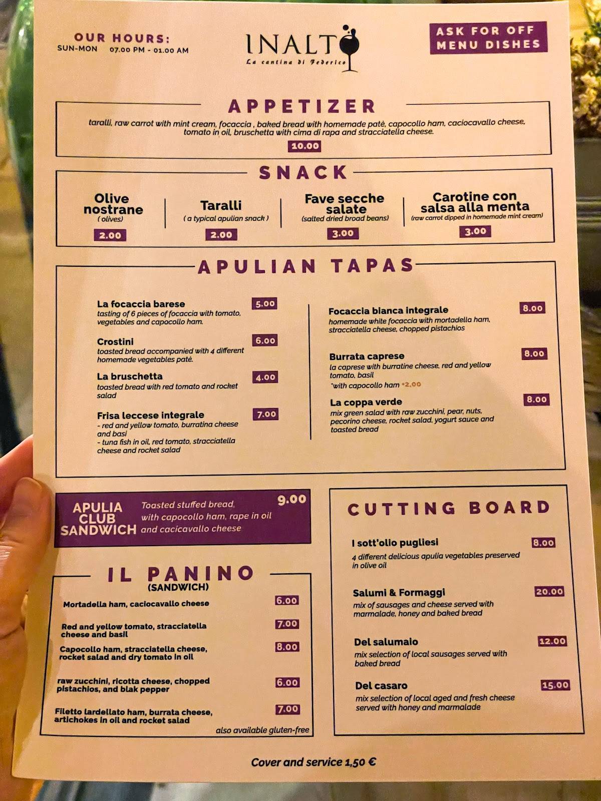 Menu di In alto vineria 