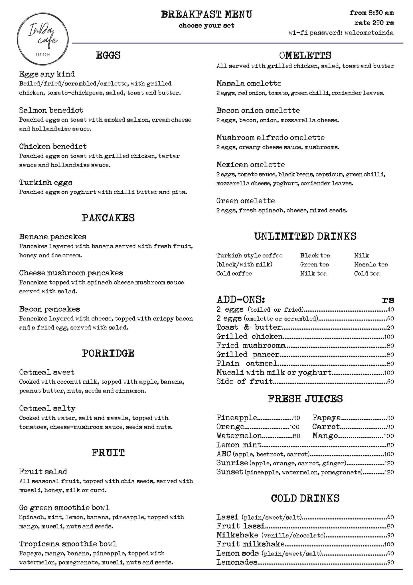InDa Hotel menu