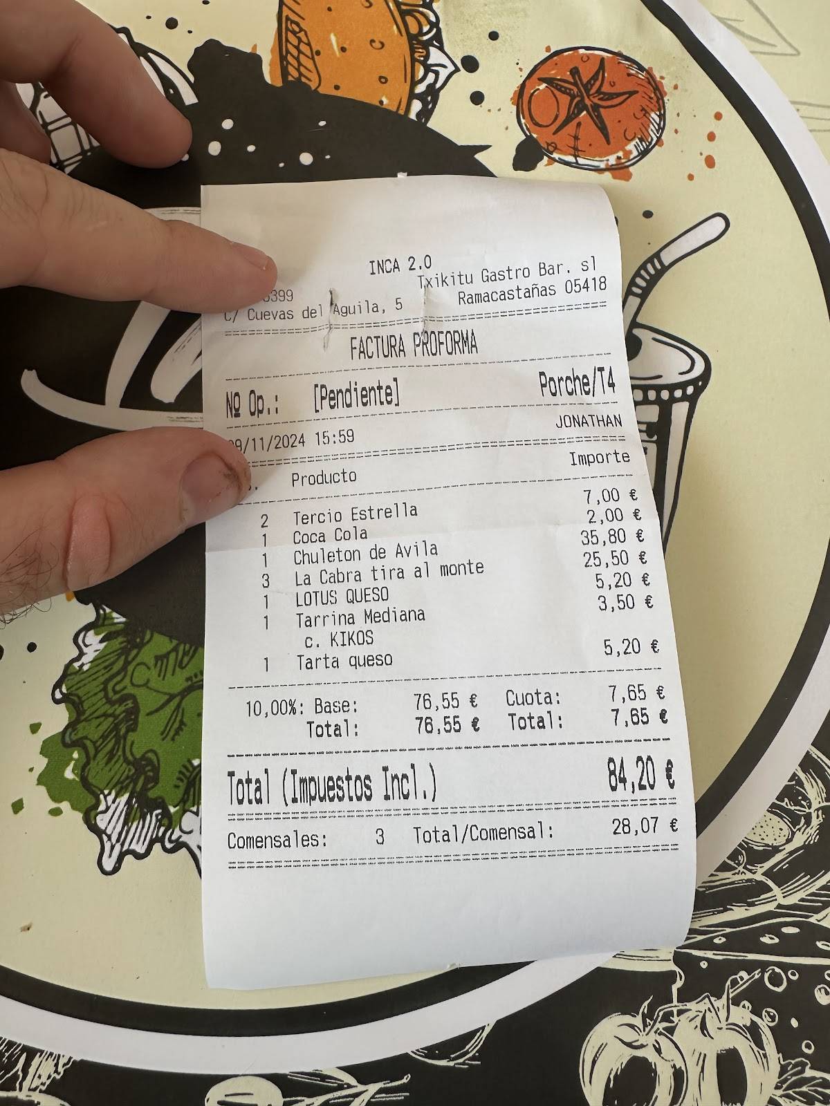 Carta del restaurante Inca 2.0, Ramacastañas