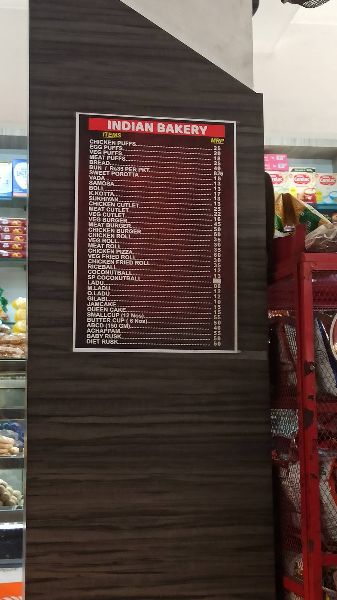 Indian Bakery menu