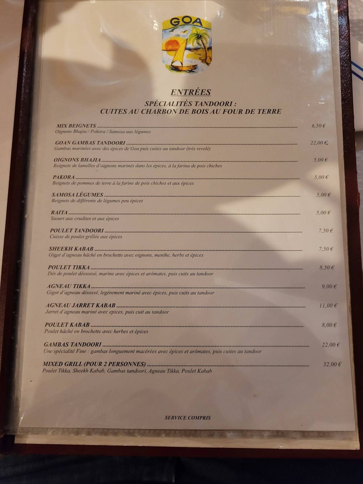 Menu de Restaurant Indien Goa