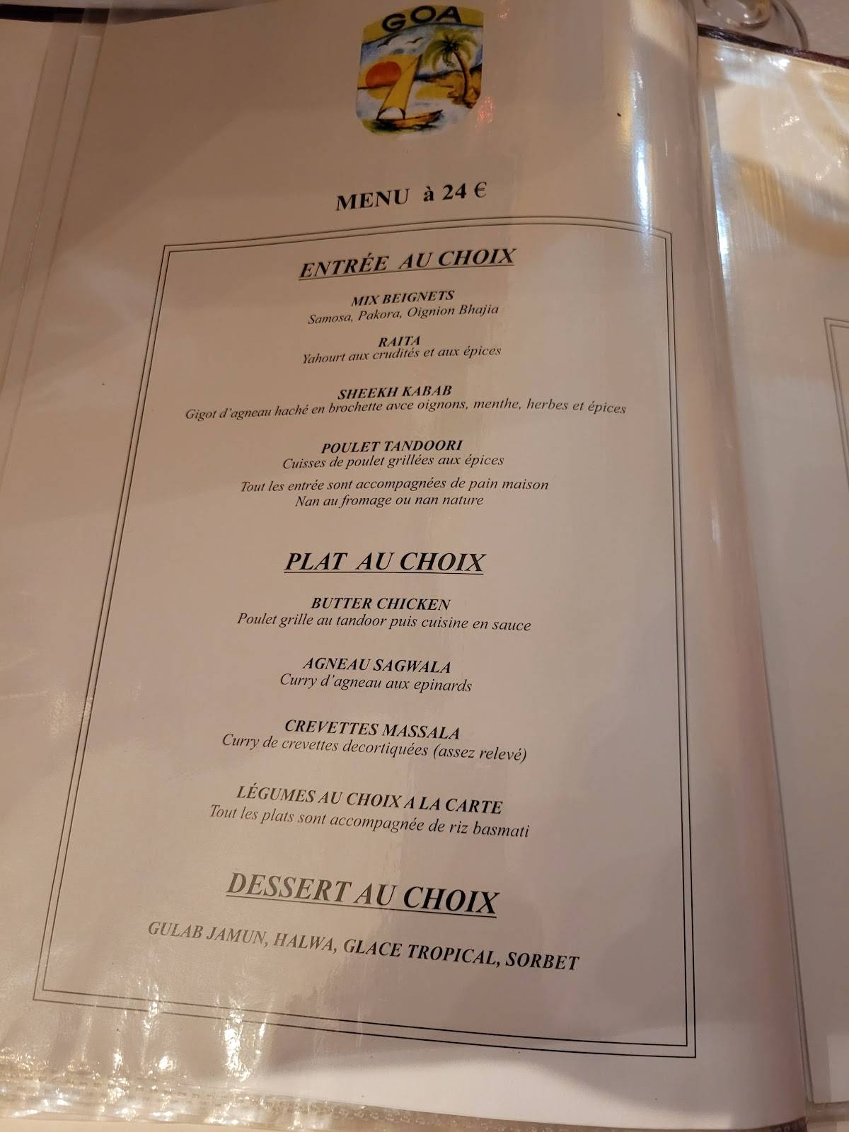 Menu de Restaurant Indien Goa