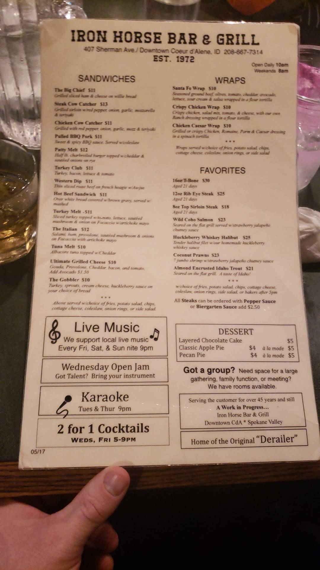 Menu at Iron Horse pub & bar, Coeur d'Alene