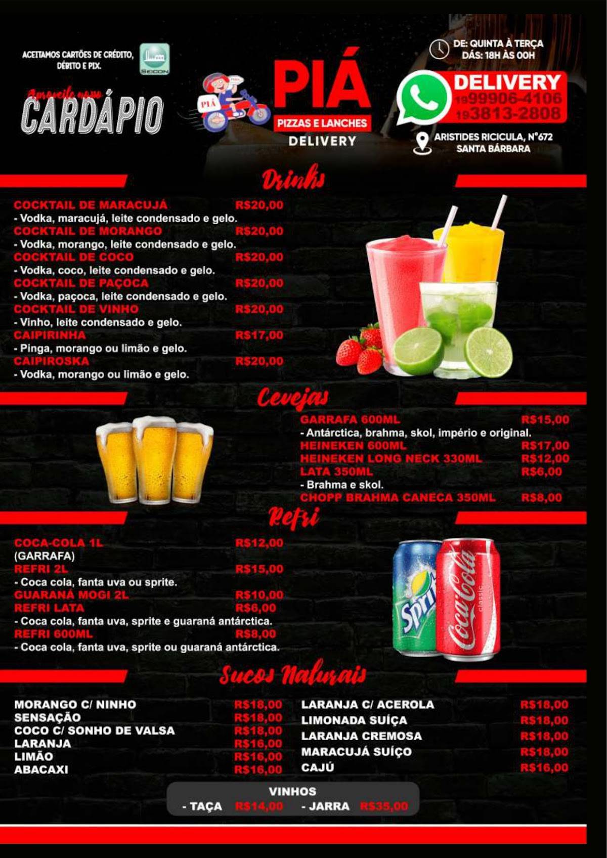 Piá Pizzaria, Restaurante e Lanchonete cardápio