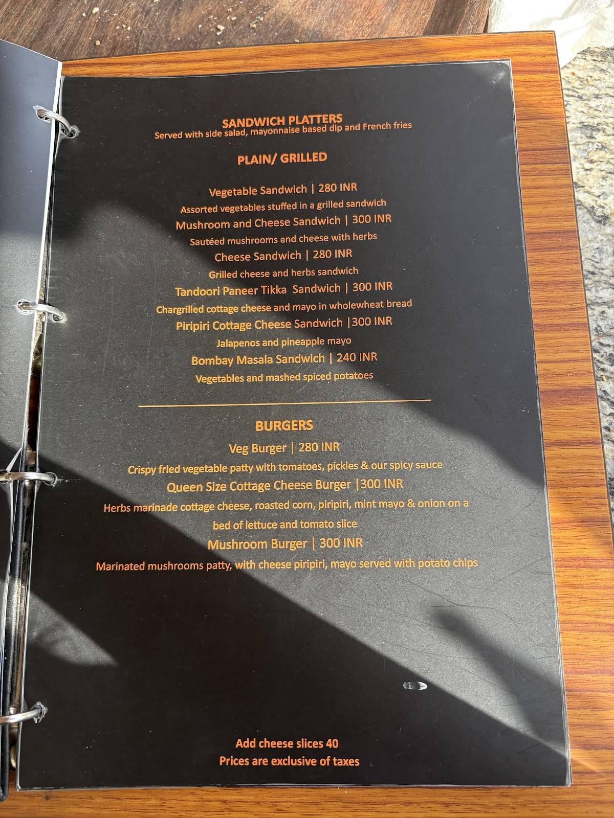 GARH the rooftop cafe menu