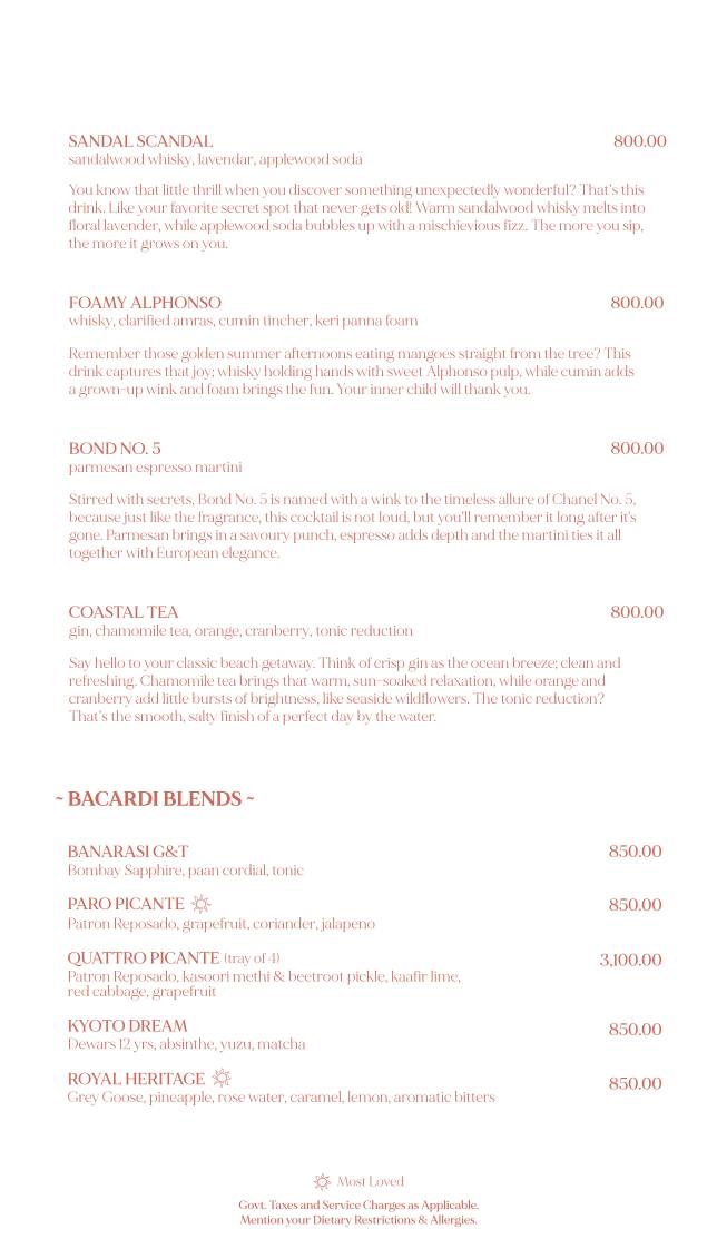 Paro - Modern India Bar menu