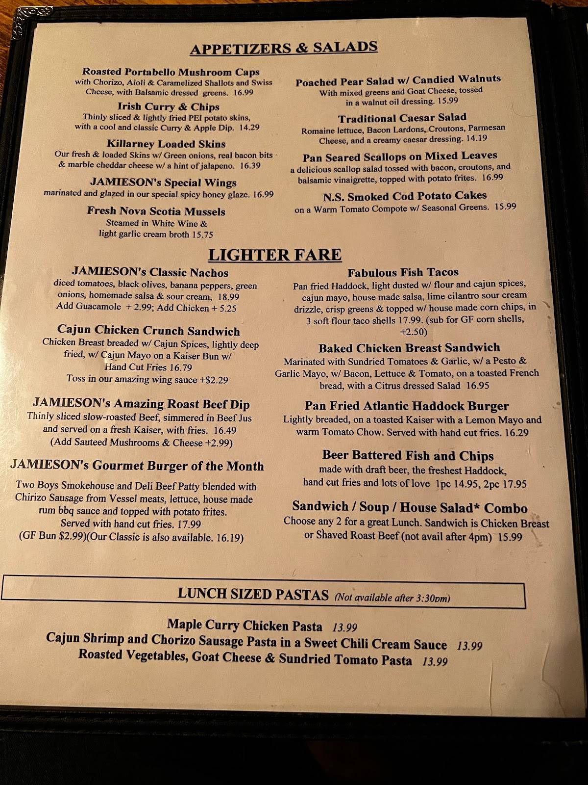 Menu at Jamieson's Irish House & Grill pub & bar, Dartmouth