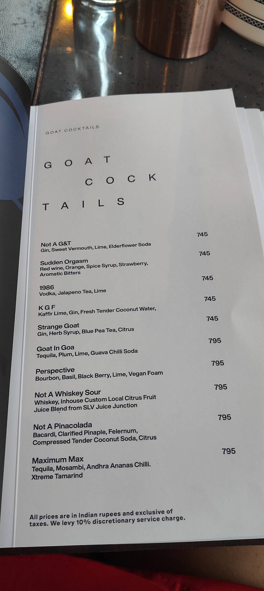 Jamming Goat 3.0 Hyderabad menu