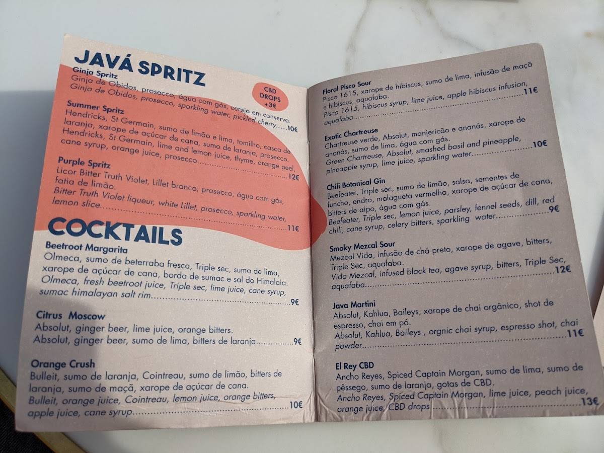 Menu at Javá Rooftop restaurant, Lisbon