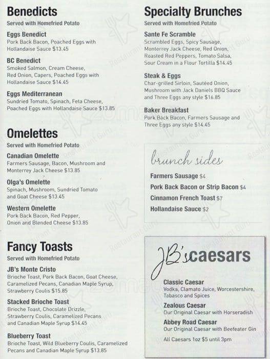 Menu at Jawny Bakers Restaurant, Toronto