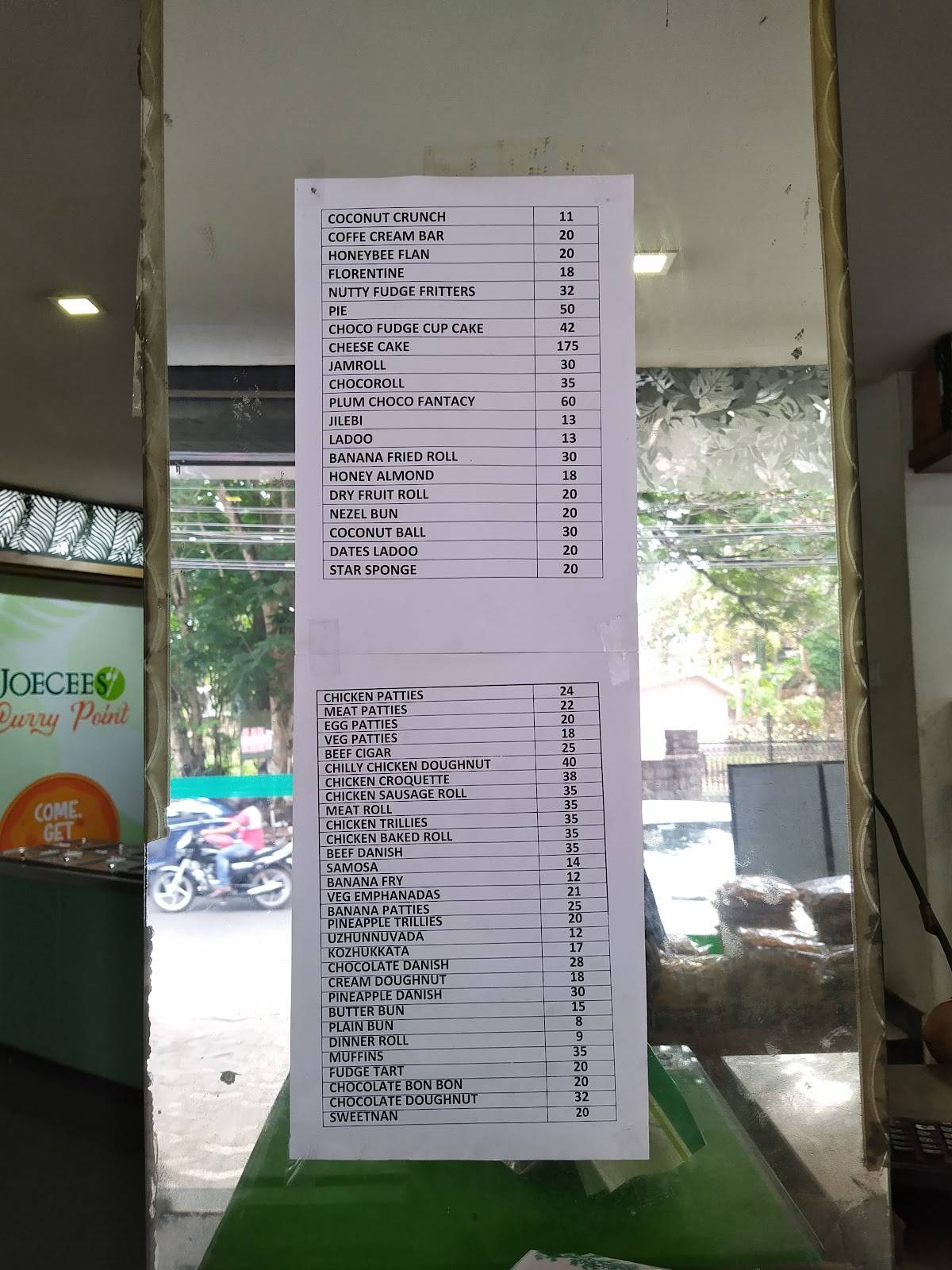Joecees Bakers menu