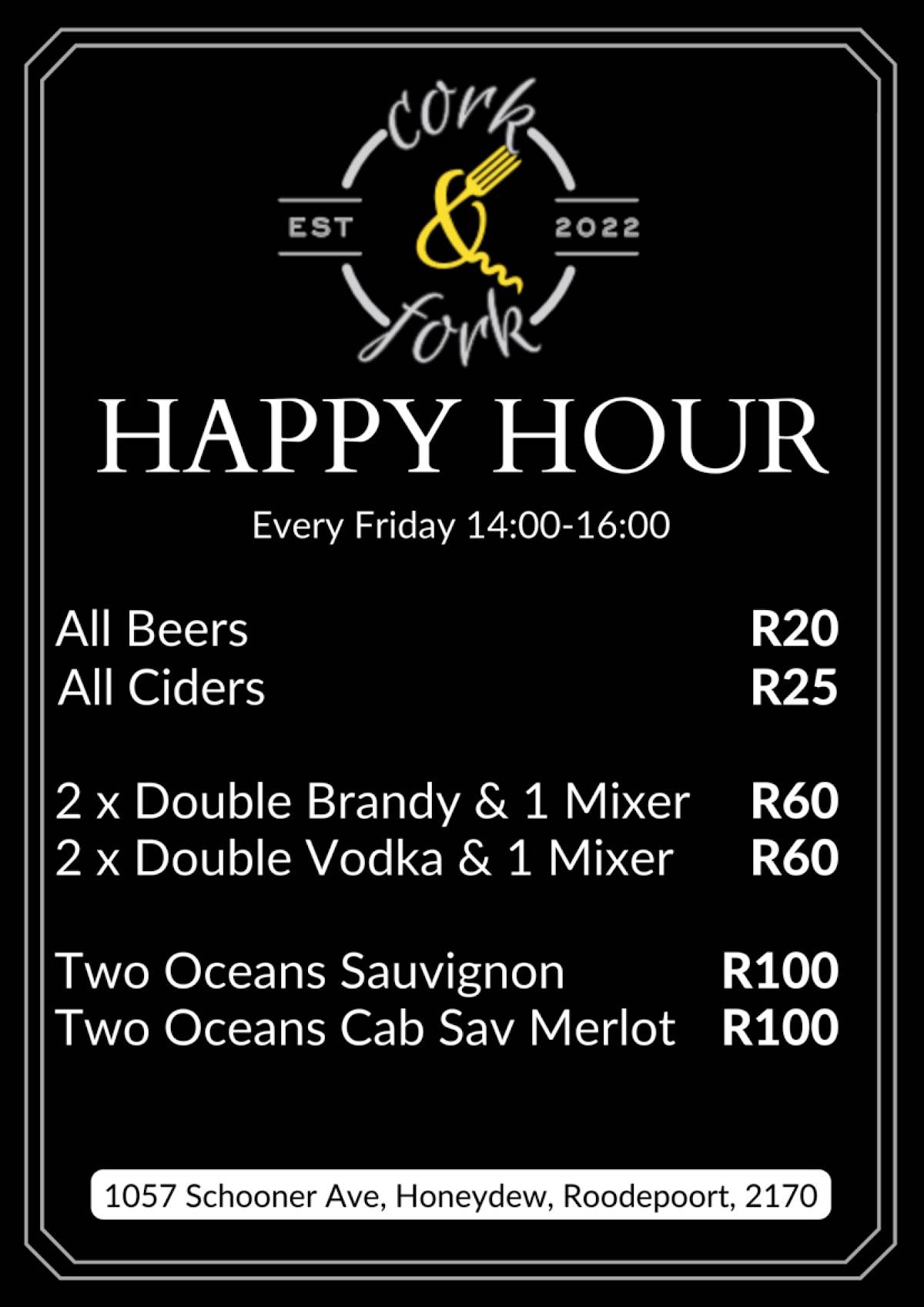 Menu at Cork & Fork restaurant, Roodepoort