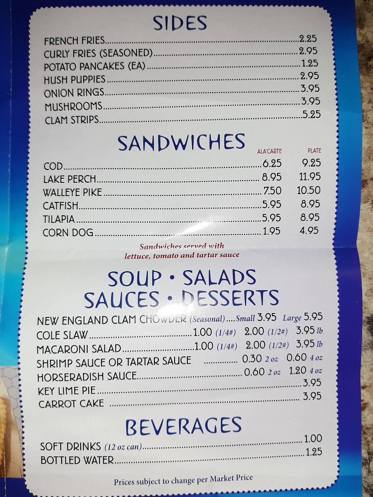 Menu at Johnson's Fish & Shrimp restaurant, Lake Station