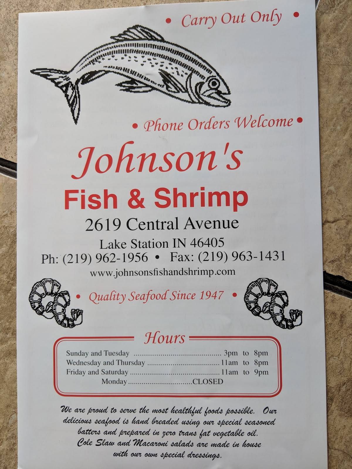 Menu at Johnson's Fish & Shrimp restaurant, Lake Station