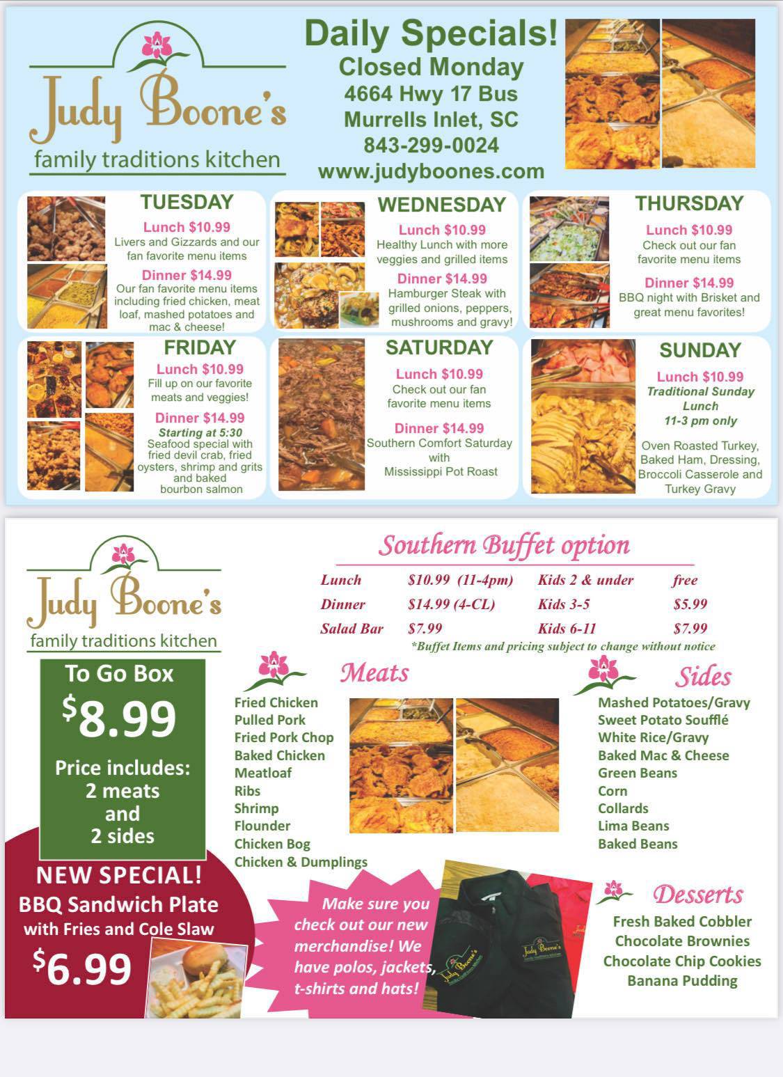 Menu at Judy Boone's Family Kitchen restaurant, Murrells Inlet