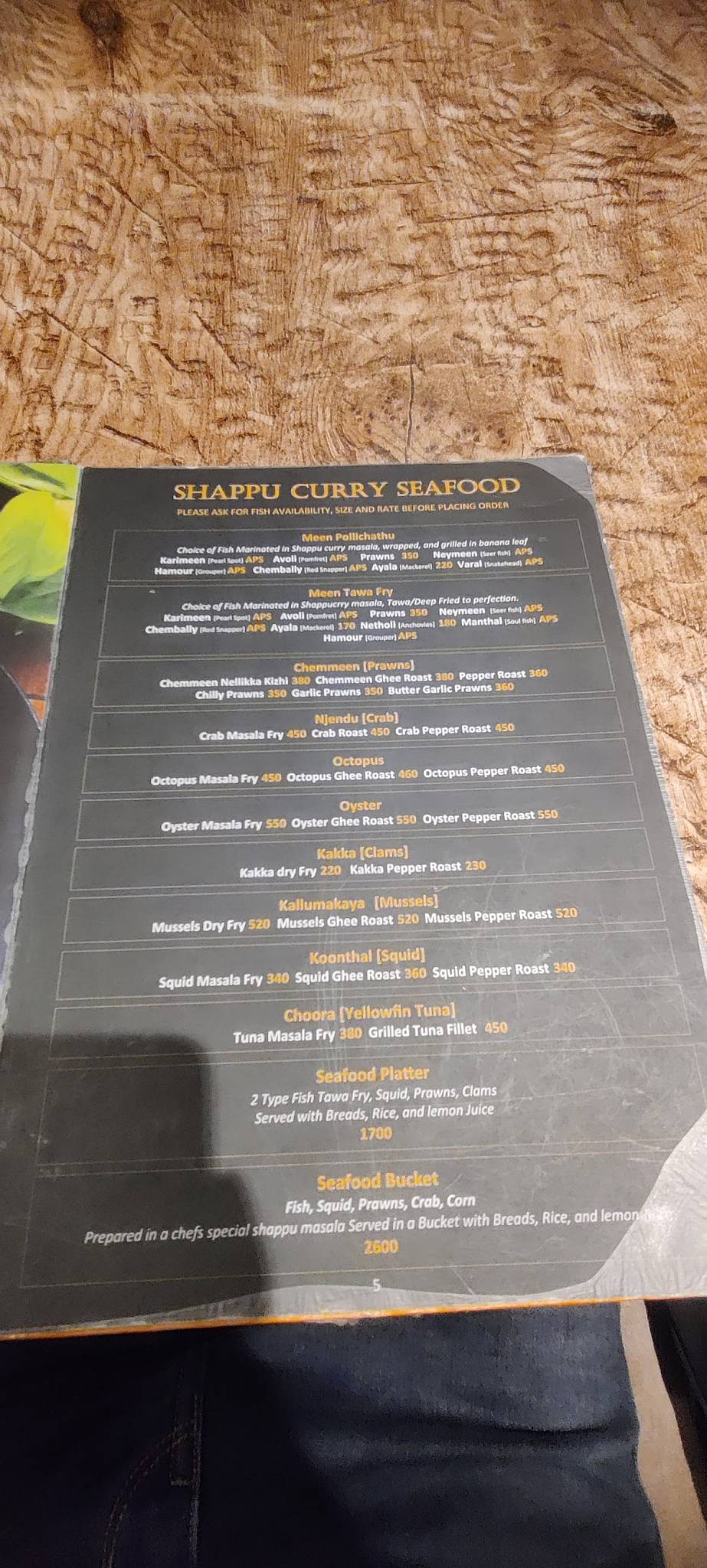 Kadavu Shappu Curry's menu
