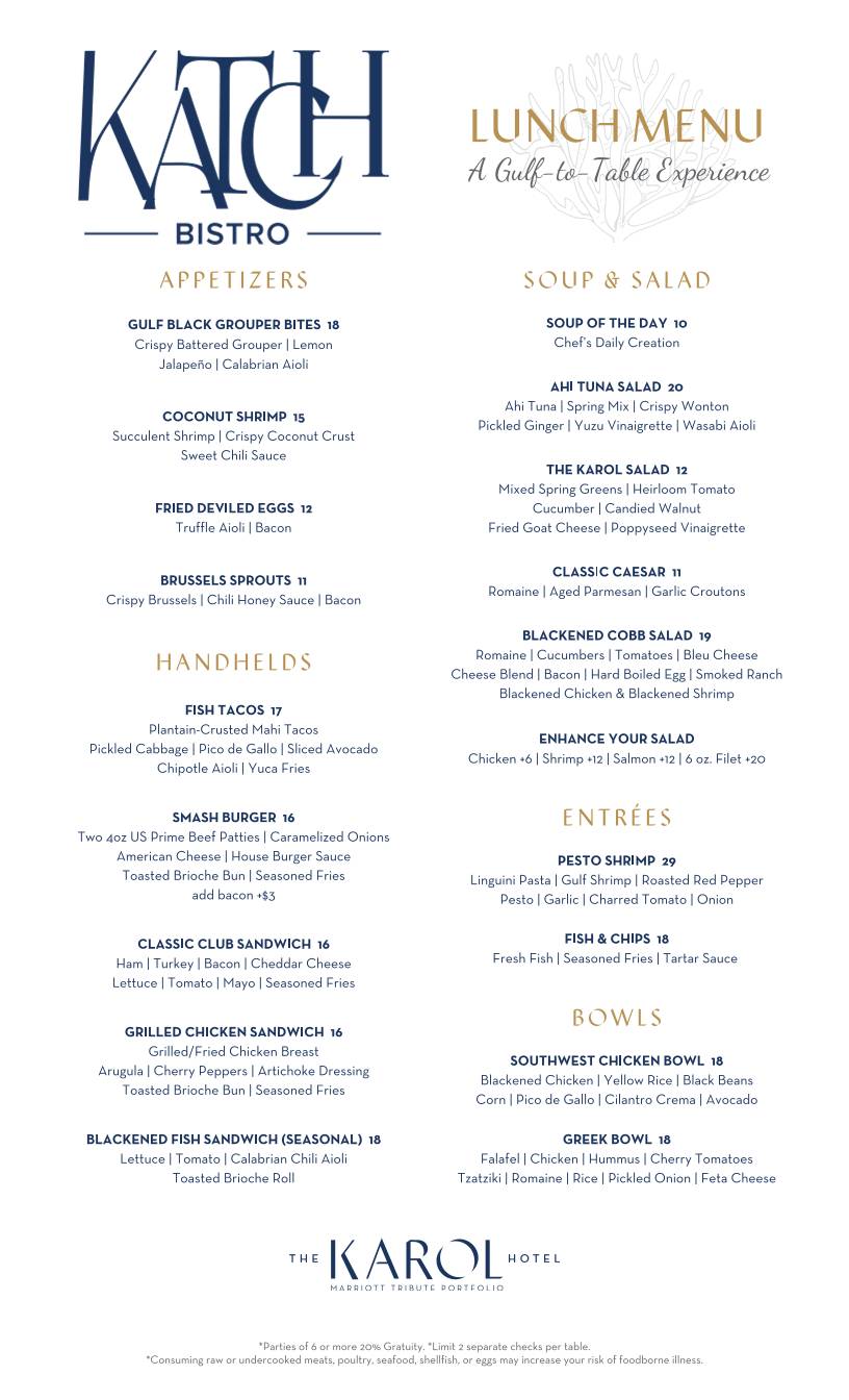 Menu at Katch Bistro The Karol Hotel restaurant, Clearwater