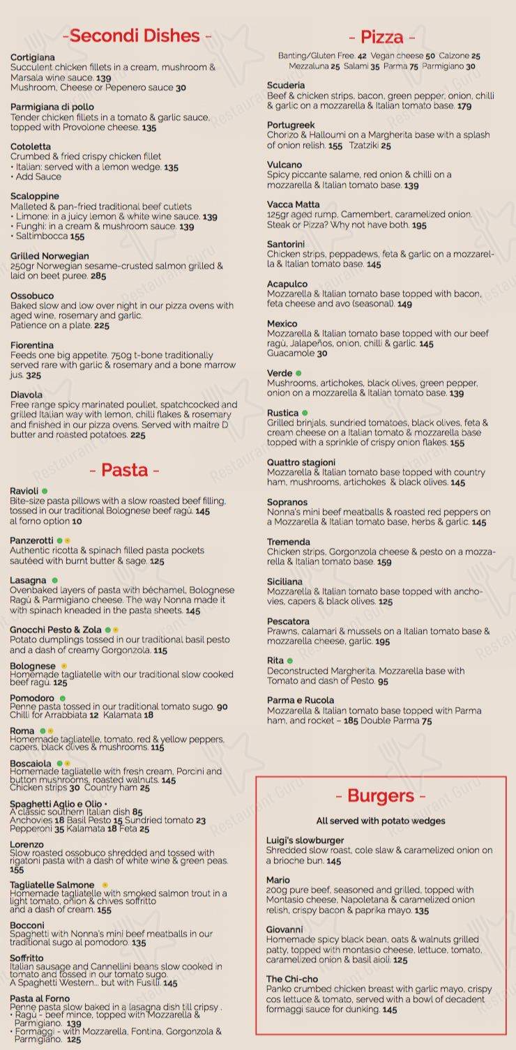 Menu at San Tomato restaurant, Kempton Park