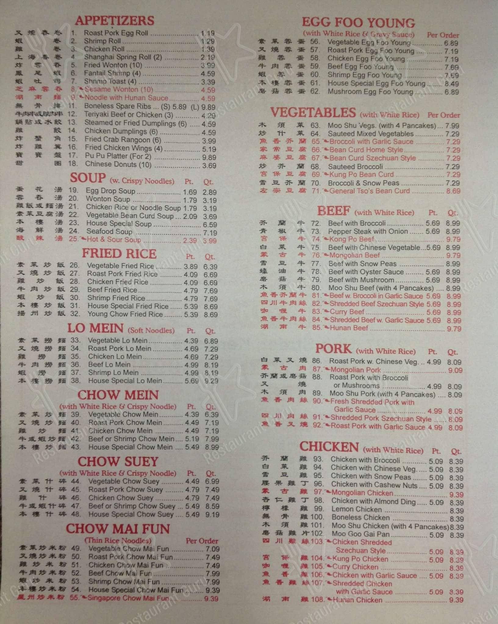 Menu at Hong Kong Restaurant, Kenosha