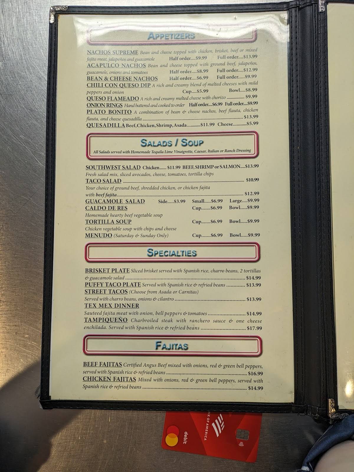 Menu at Acapulco Mexican Restaurant, Kerrville