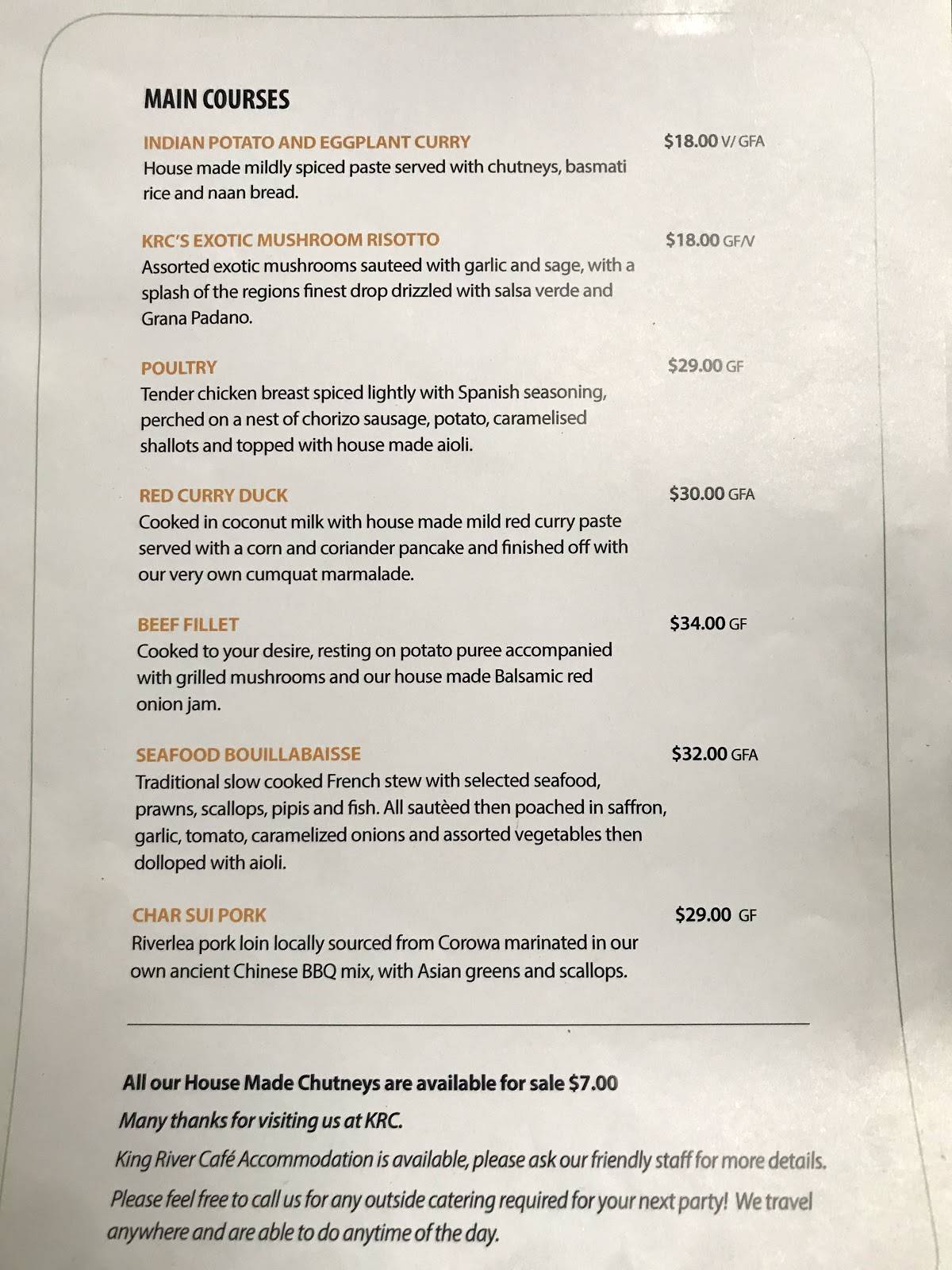 Menu at King River Cafe, Oxley