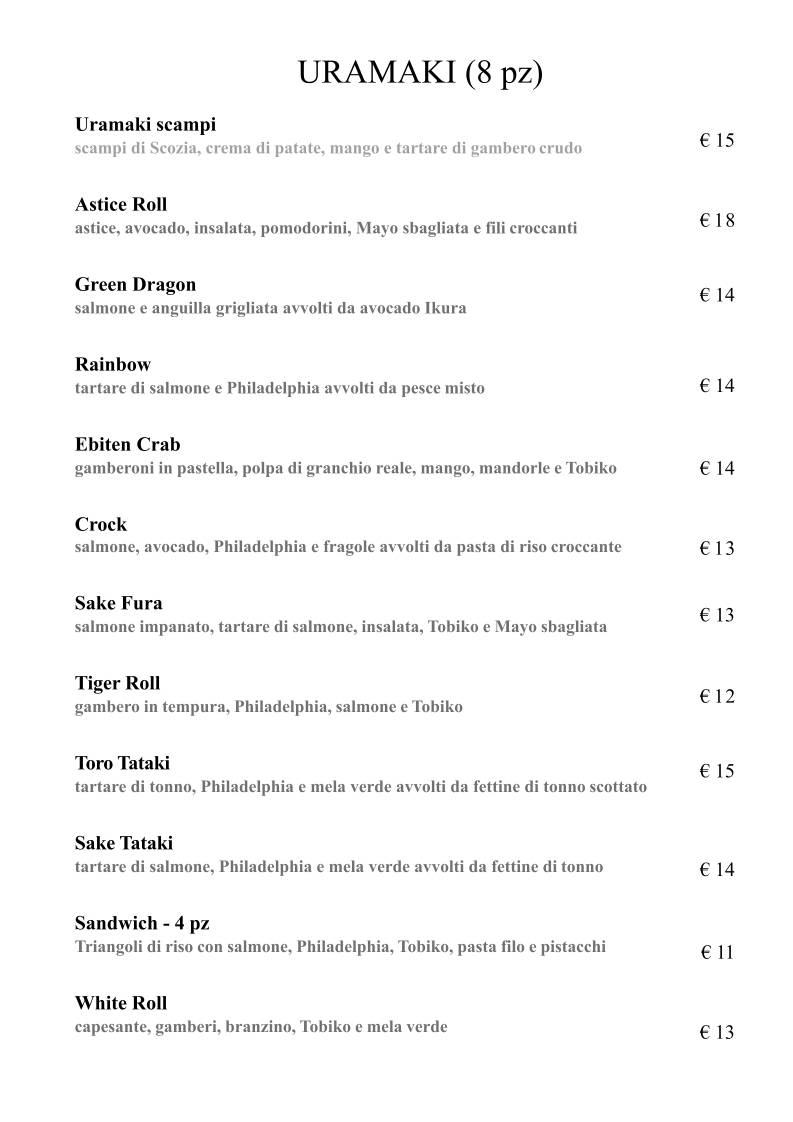 Menu di Kisen Milano 