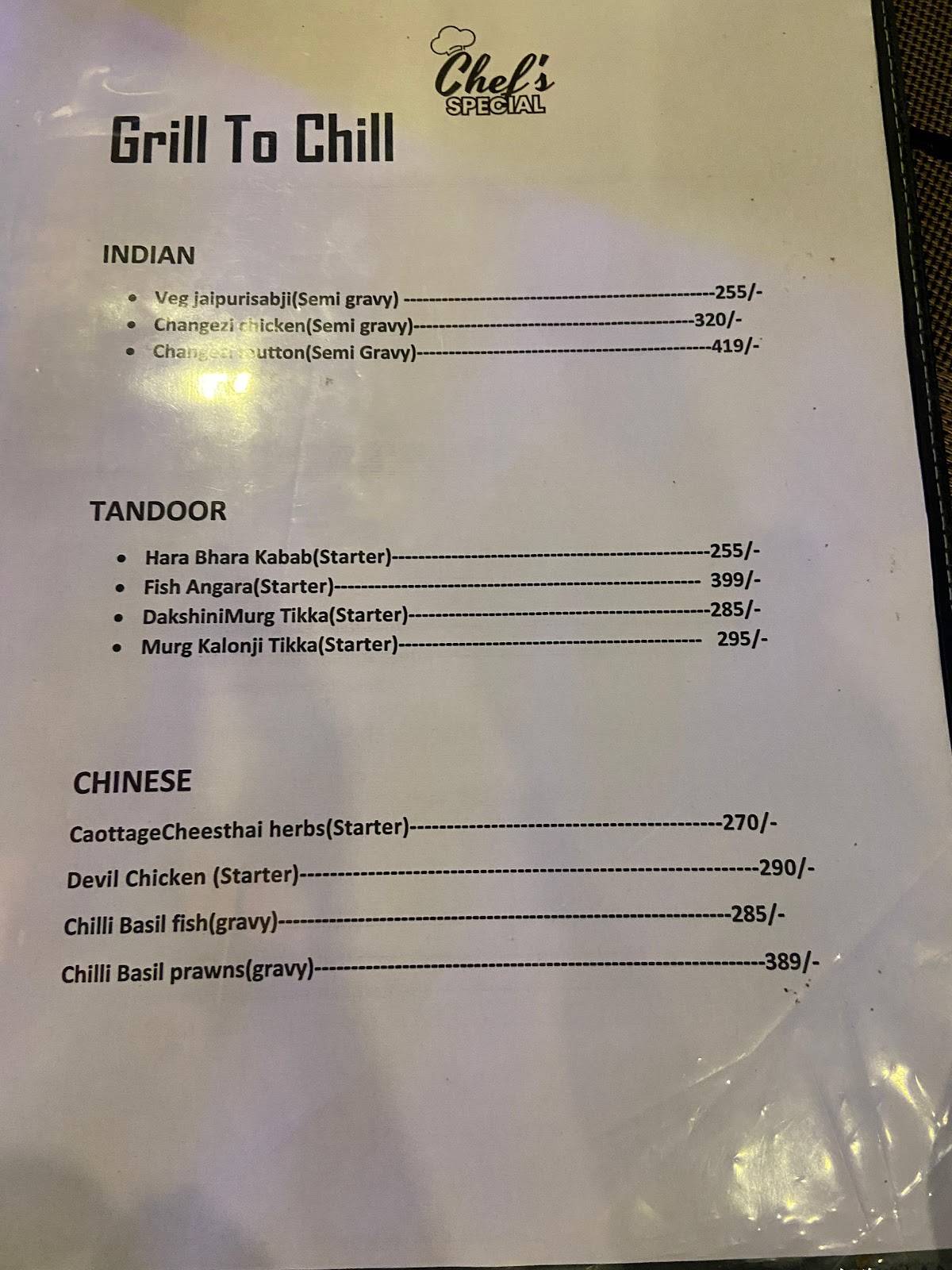 Grill to Chill menu