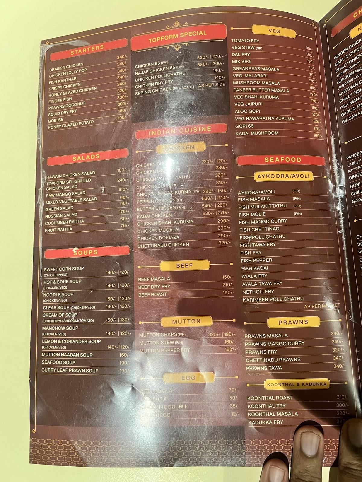 Topform Restaurant Kozhikode menu
