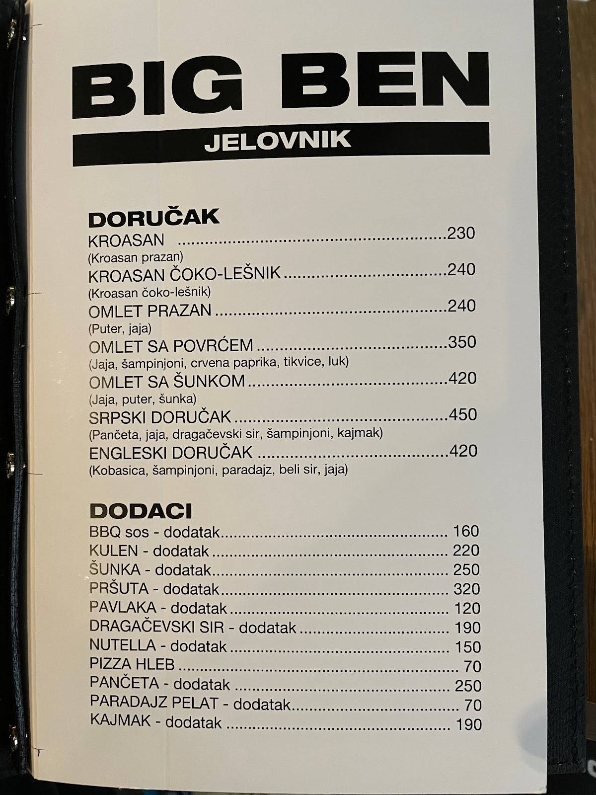 Menu at Big Ben restaurant, Kragujevac