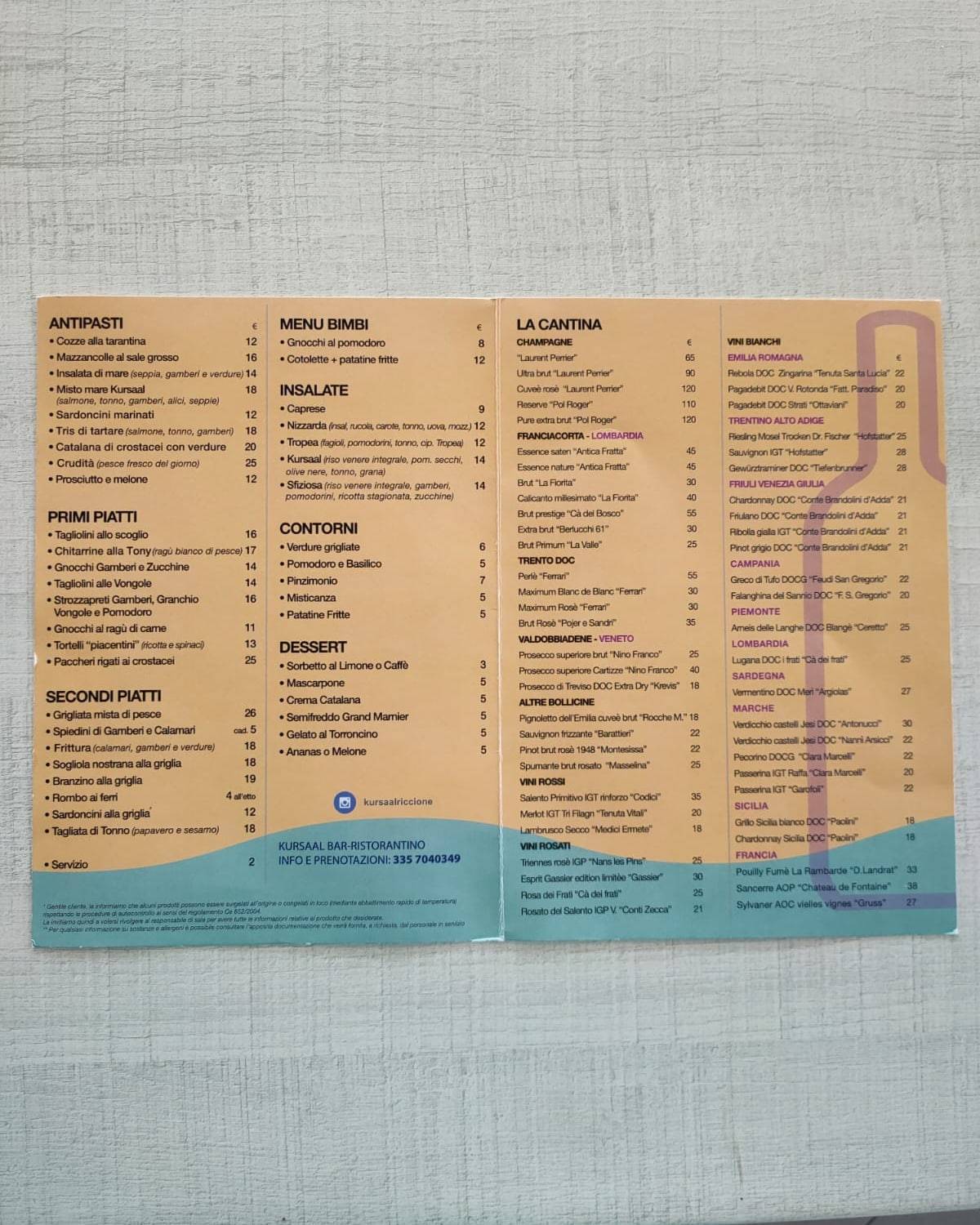 Menu di Kursaal Riccione bar ristorante 