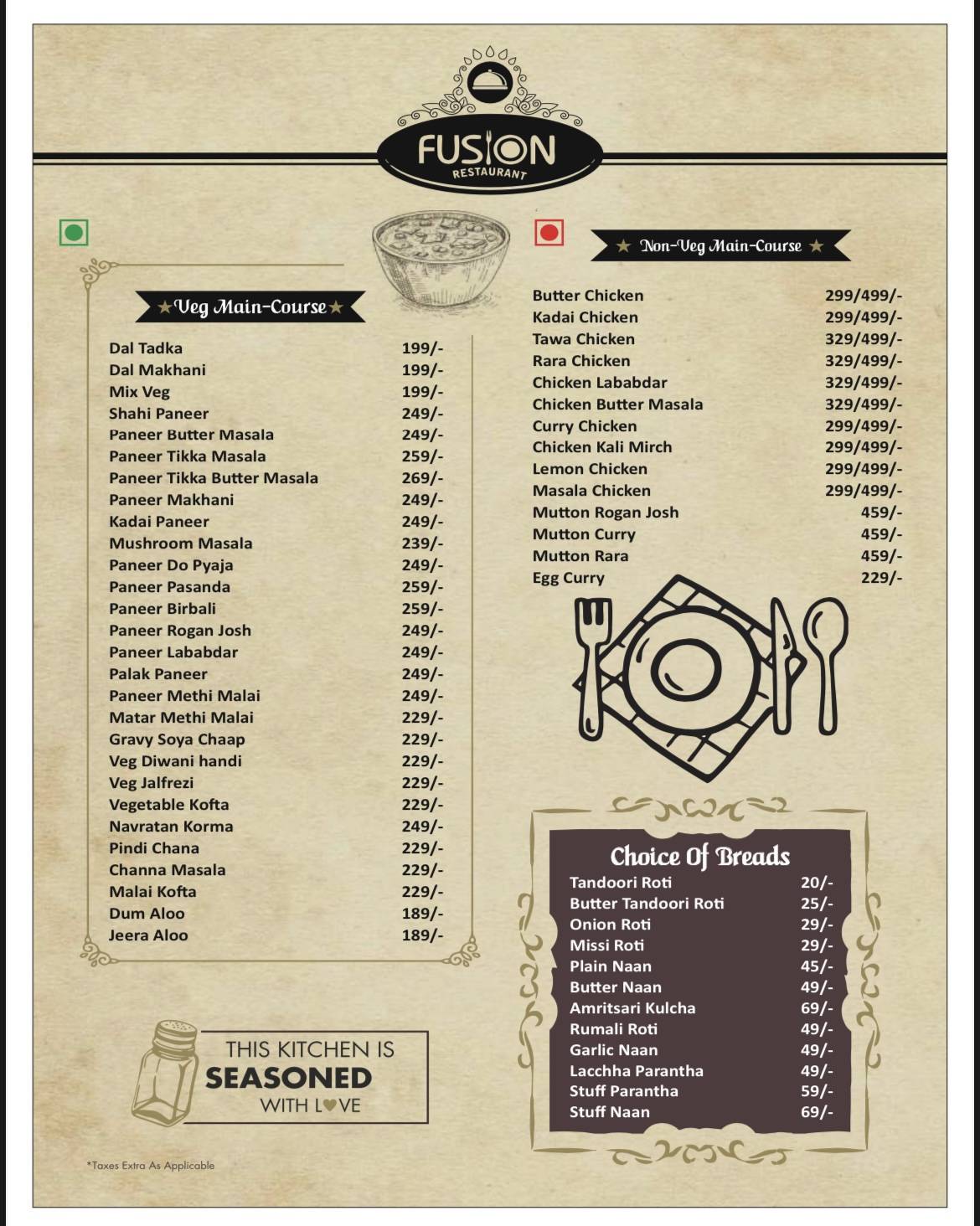 Hotel Fusion & Restaurant menu