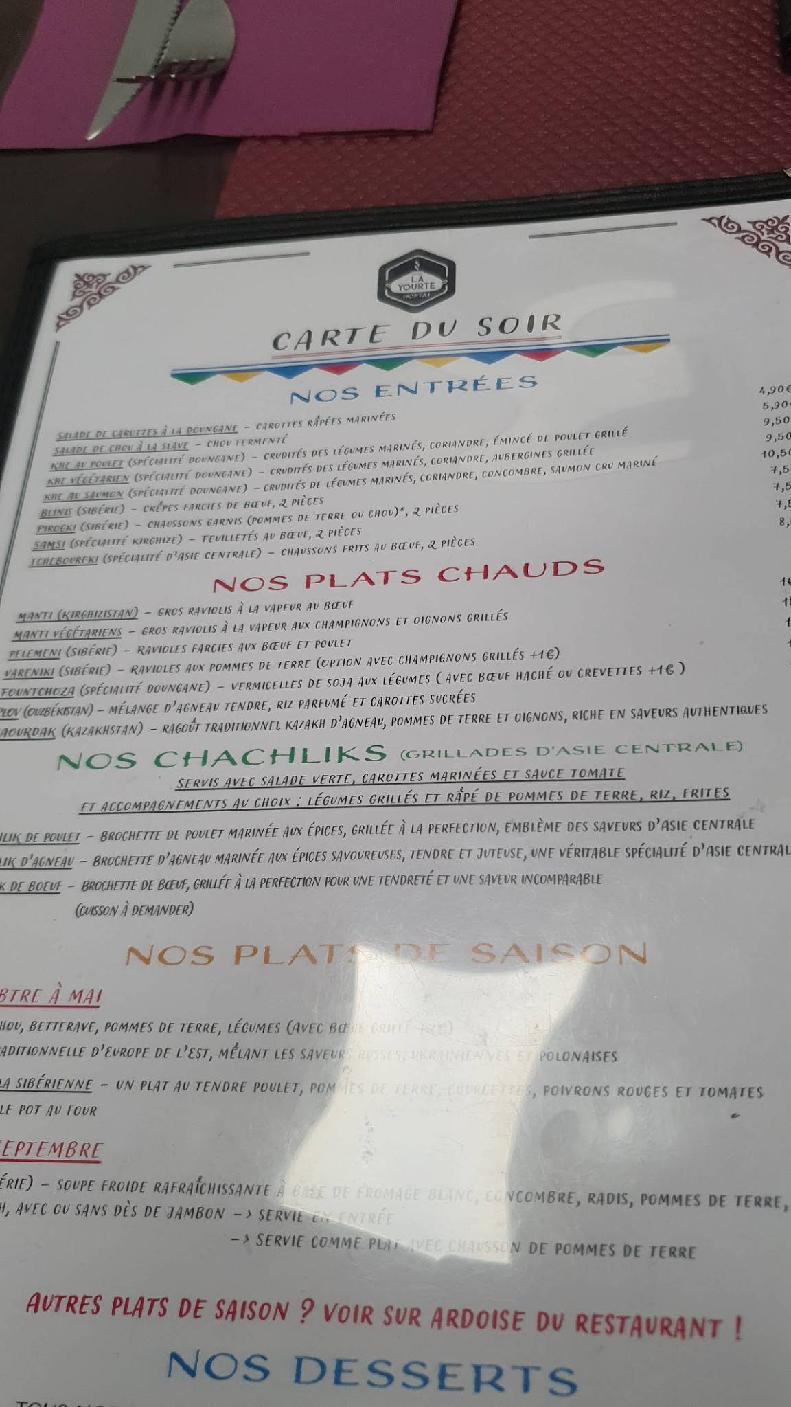 Menu de LA YOURTE