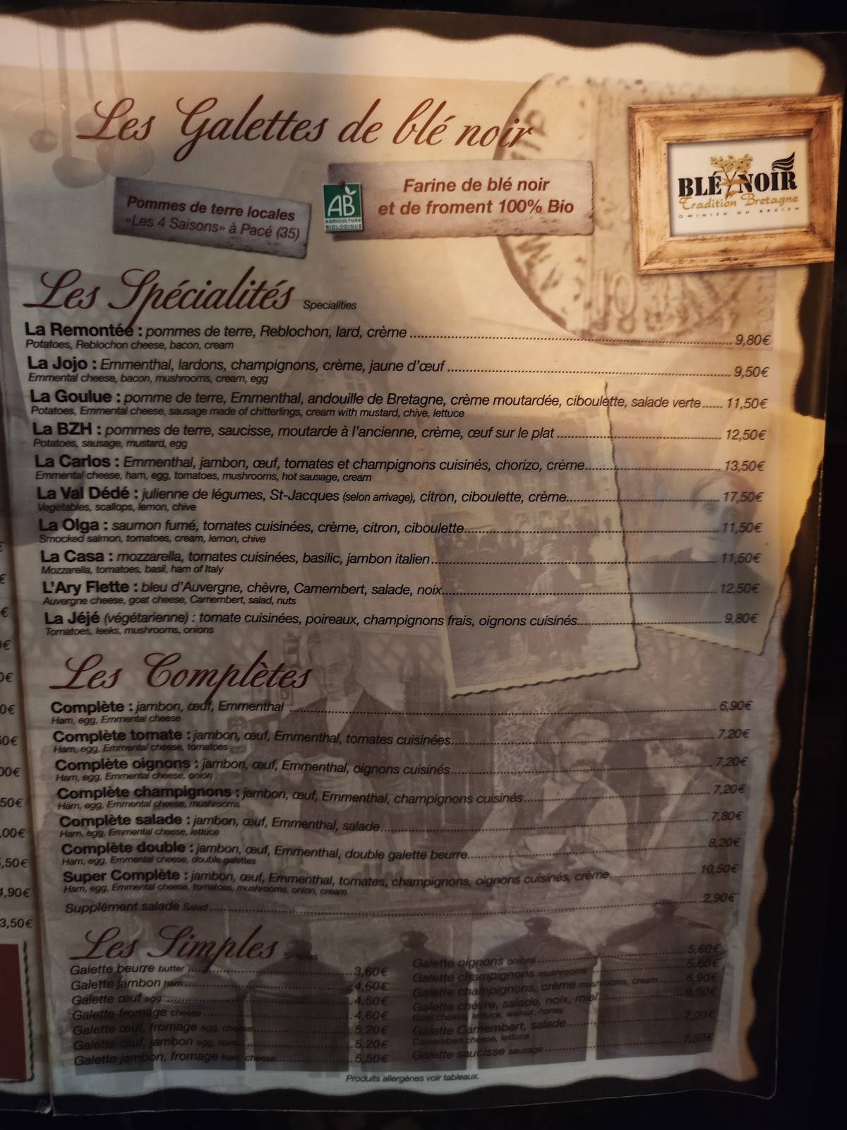 Menu de L'Abri du Marché