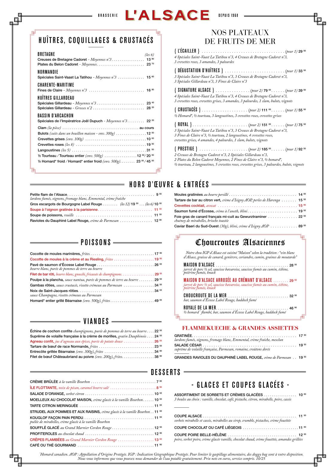 Menu de Brasserie L'Alsace
