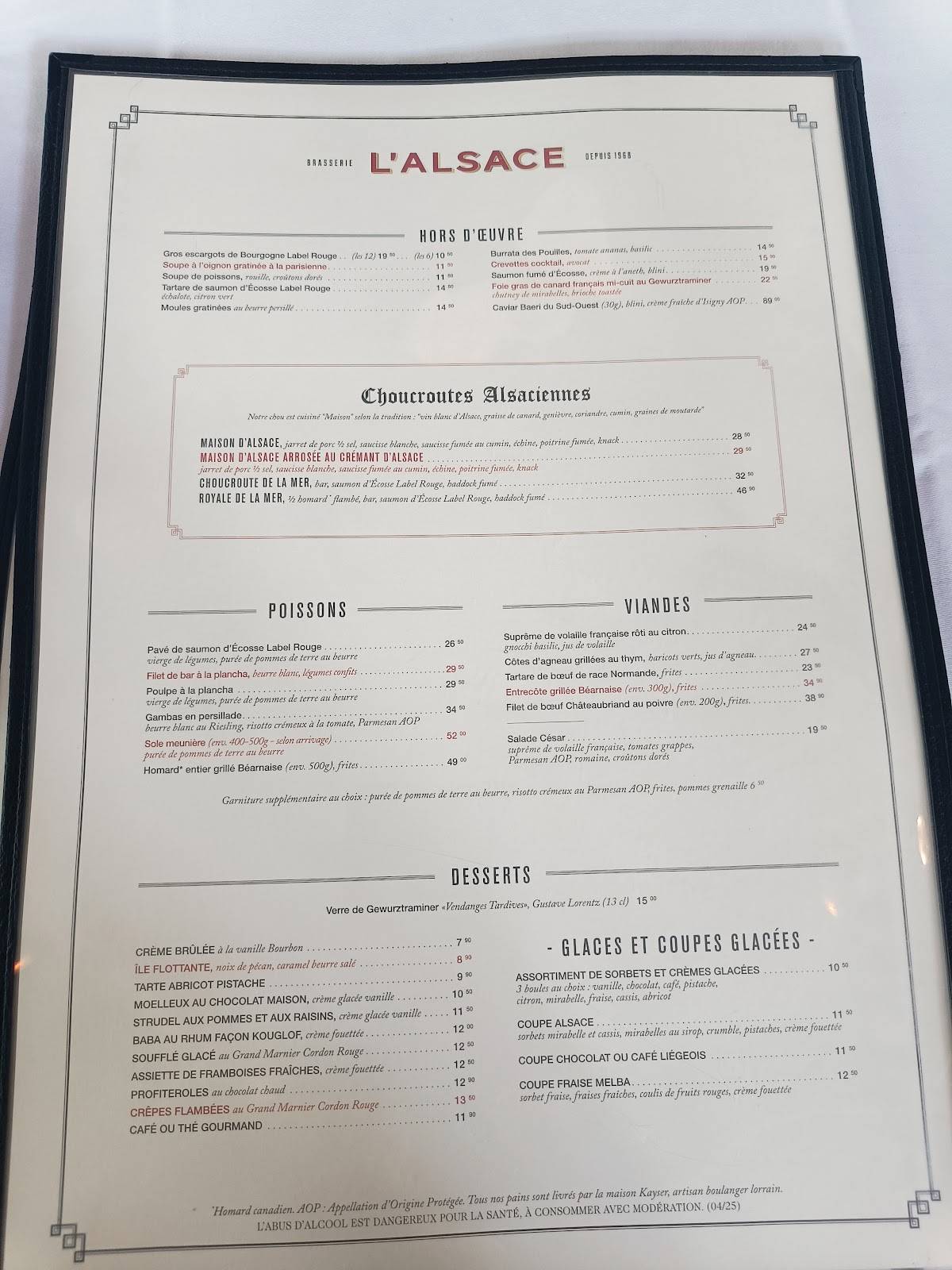 Menu de Brasserie L'Alsace