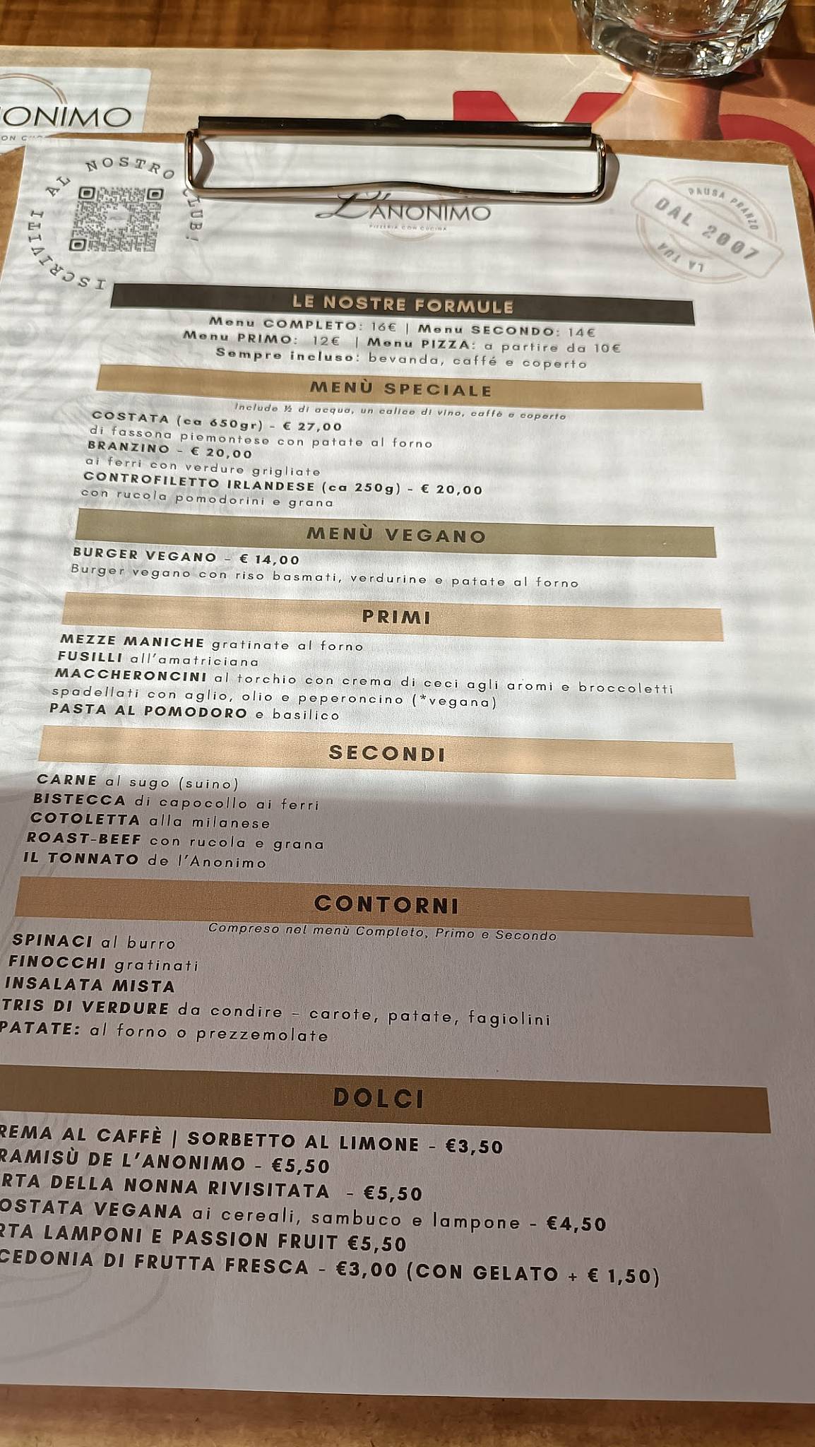 Menu di L'Anonimo - Pizzeria con Cucina 