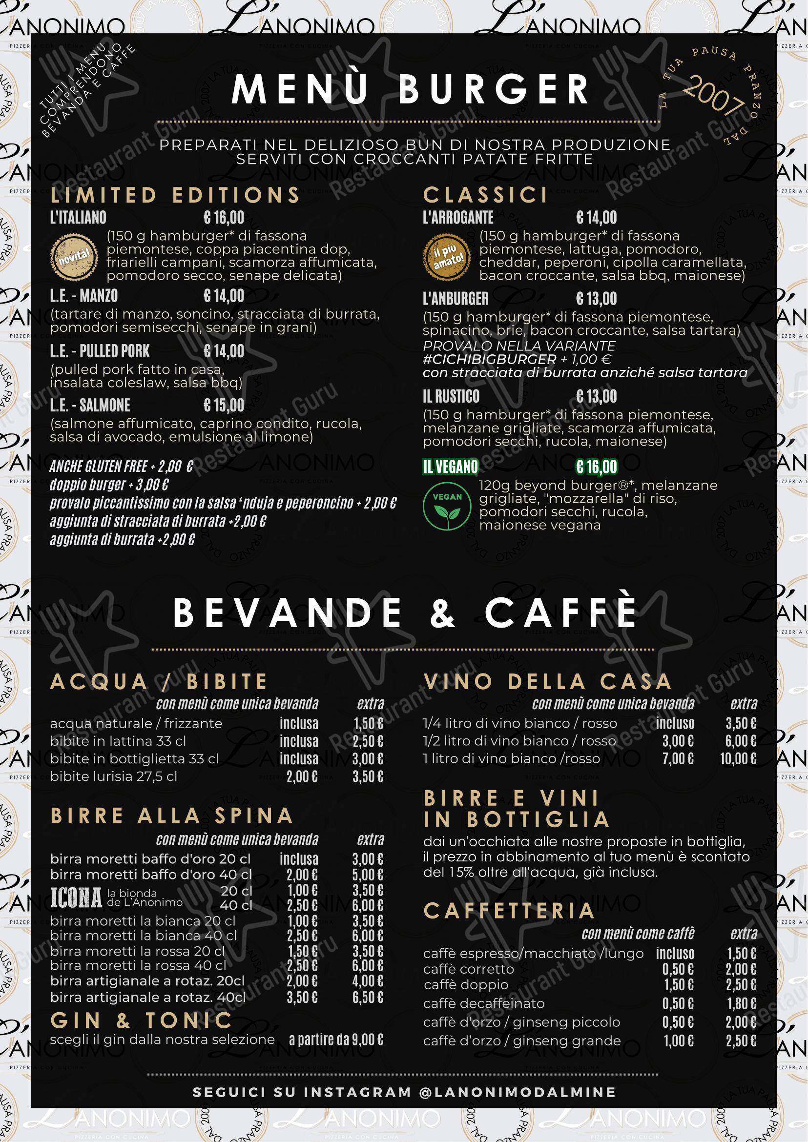Коктейльная карта per L'Anonimo - Pizzeria con Cucina ristorante