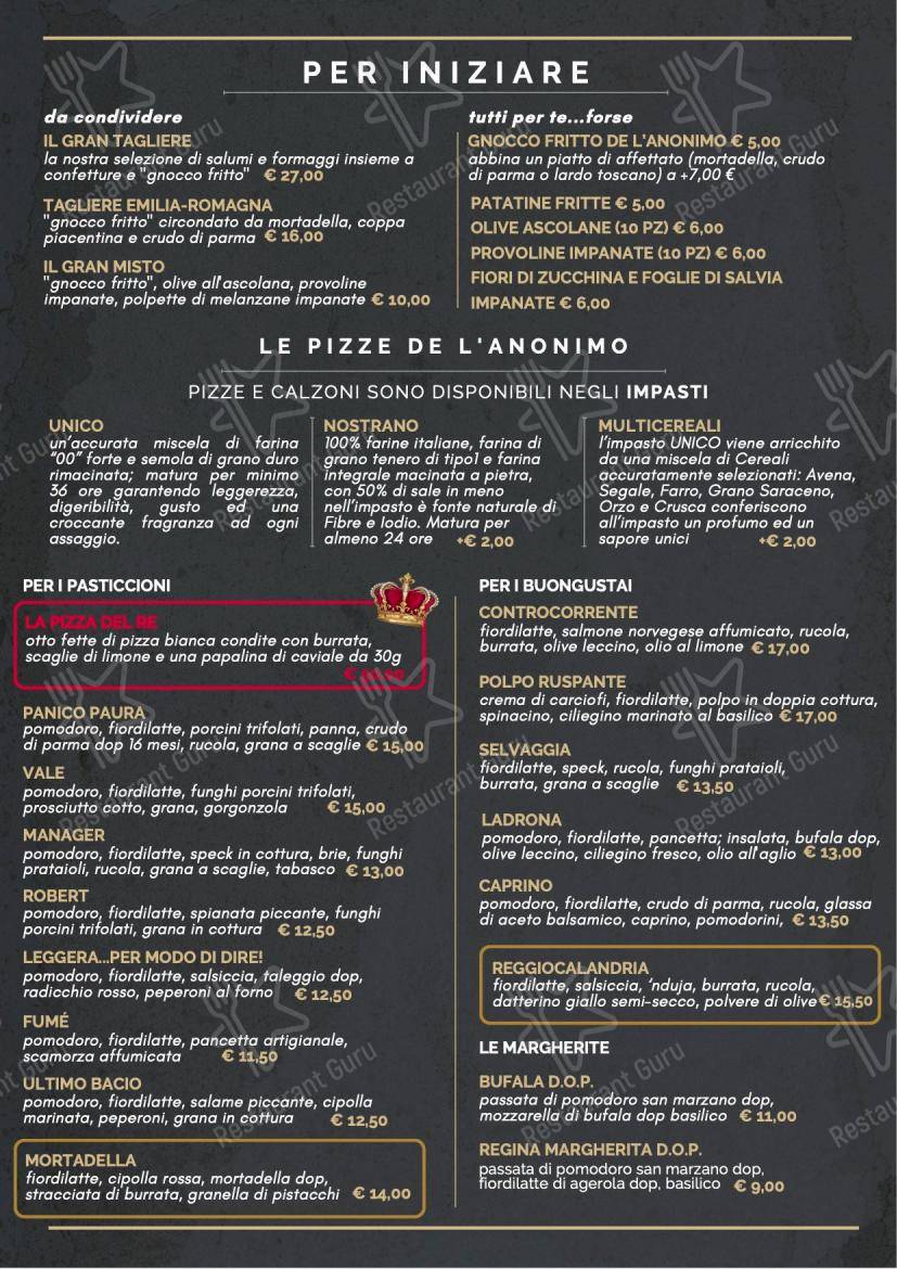 Menu per L'Anonimo - Pizzeria con Cucina ristorante