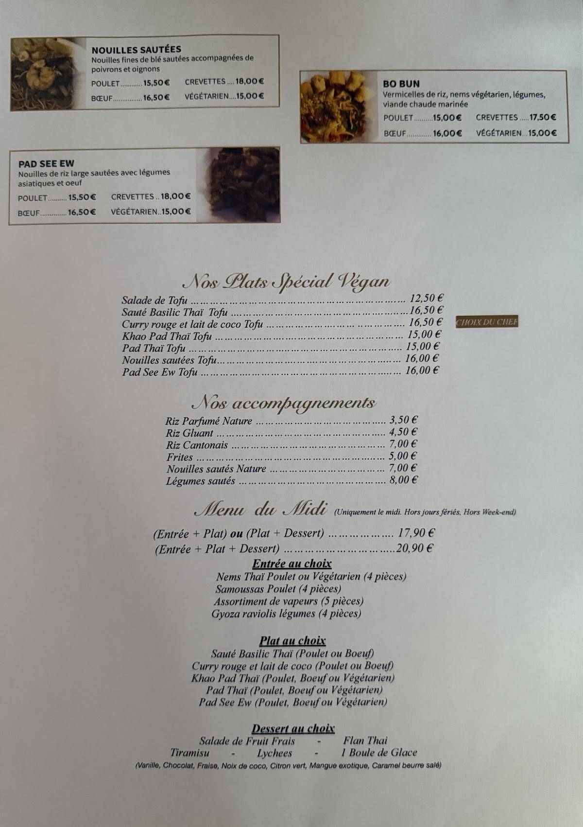 Menu de L'asiane