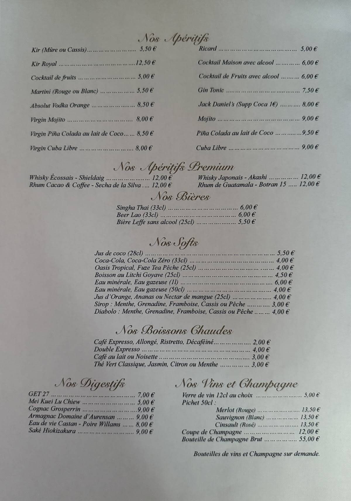 Menu de L'asiane
