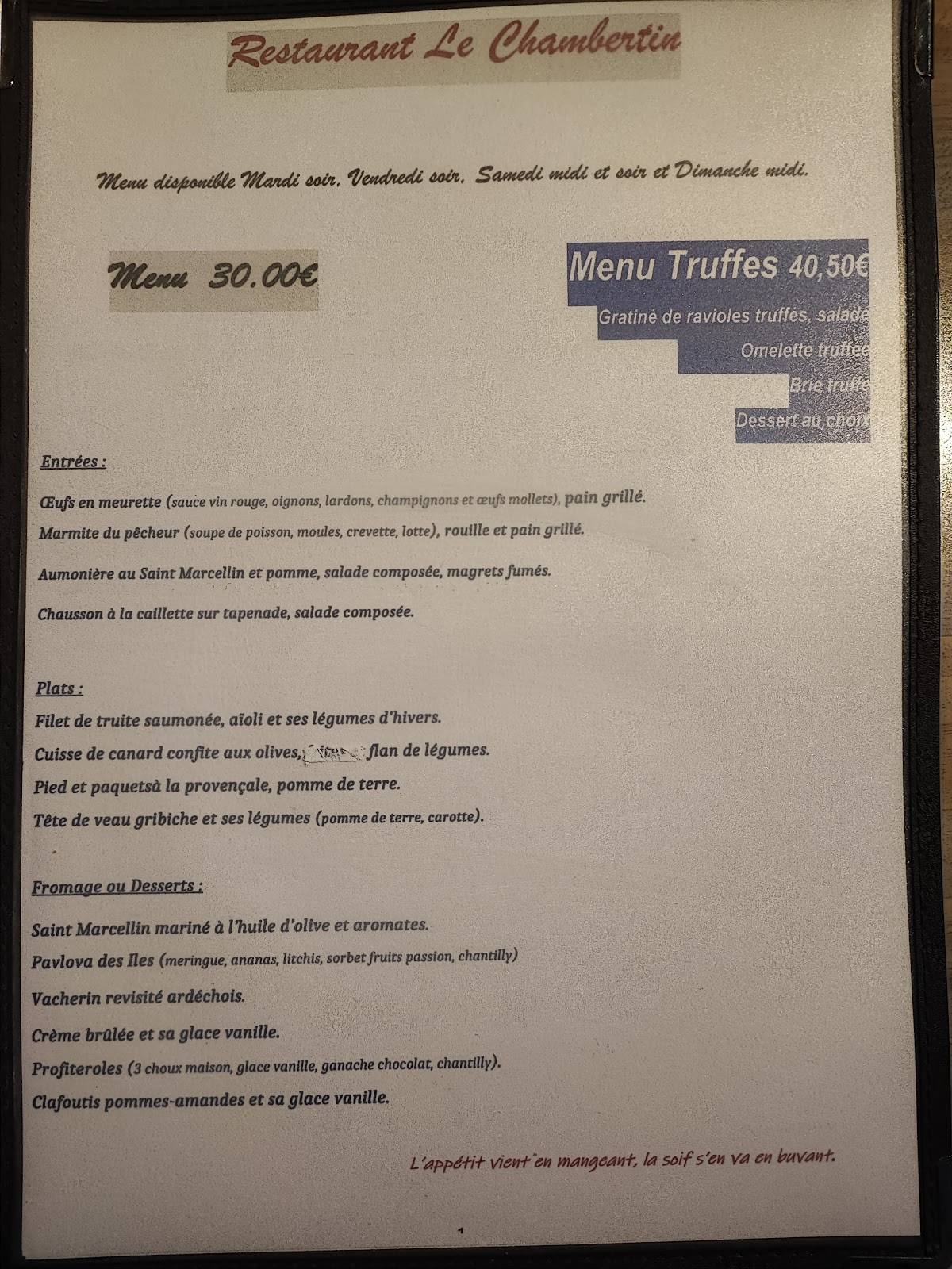 Menu de LE CHAMBERTIN