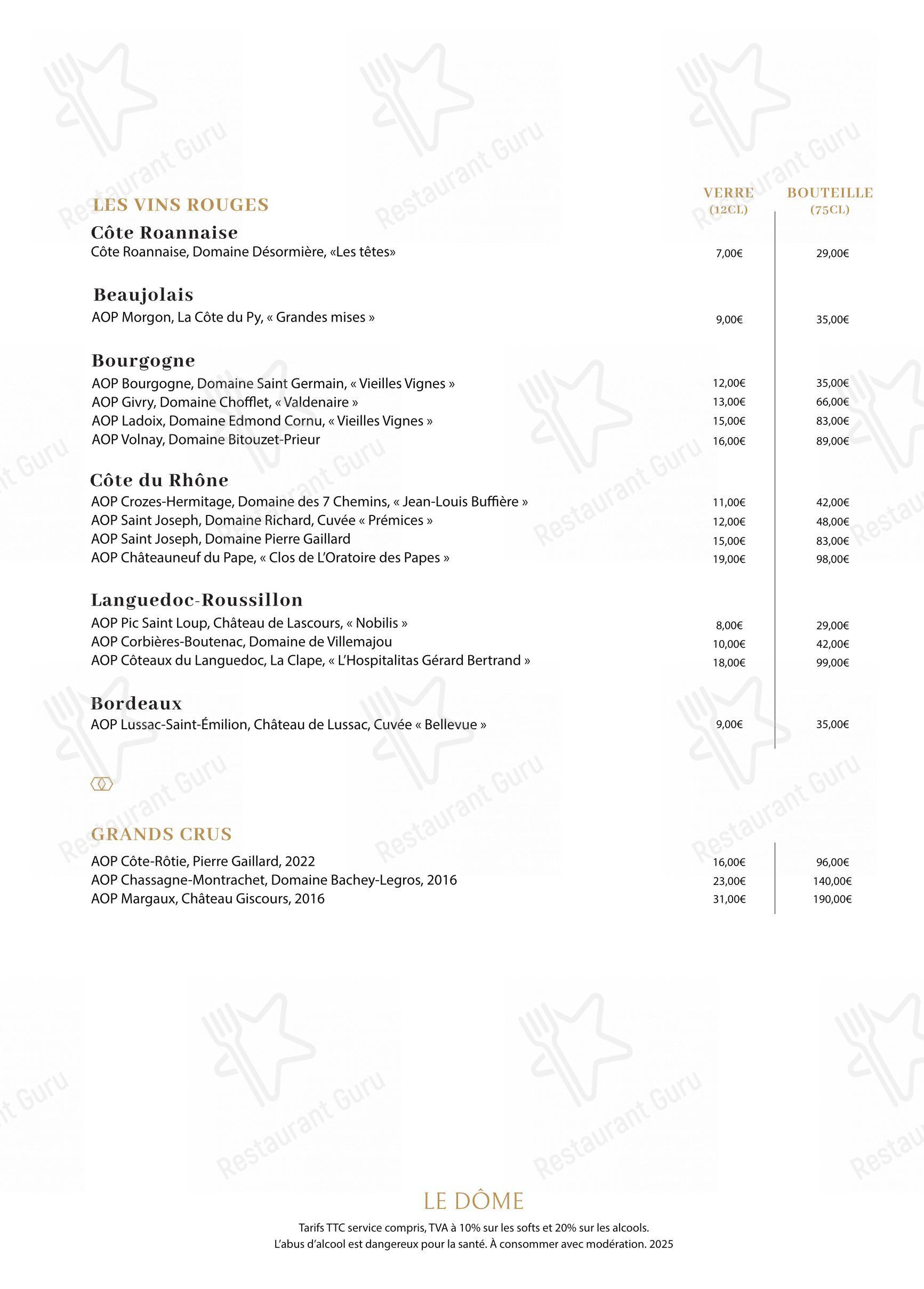 Menu pour Le Dôme - Menu