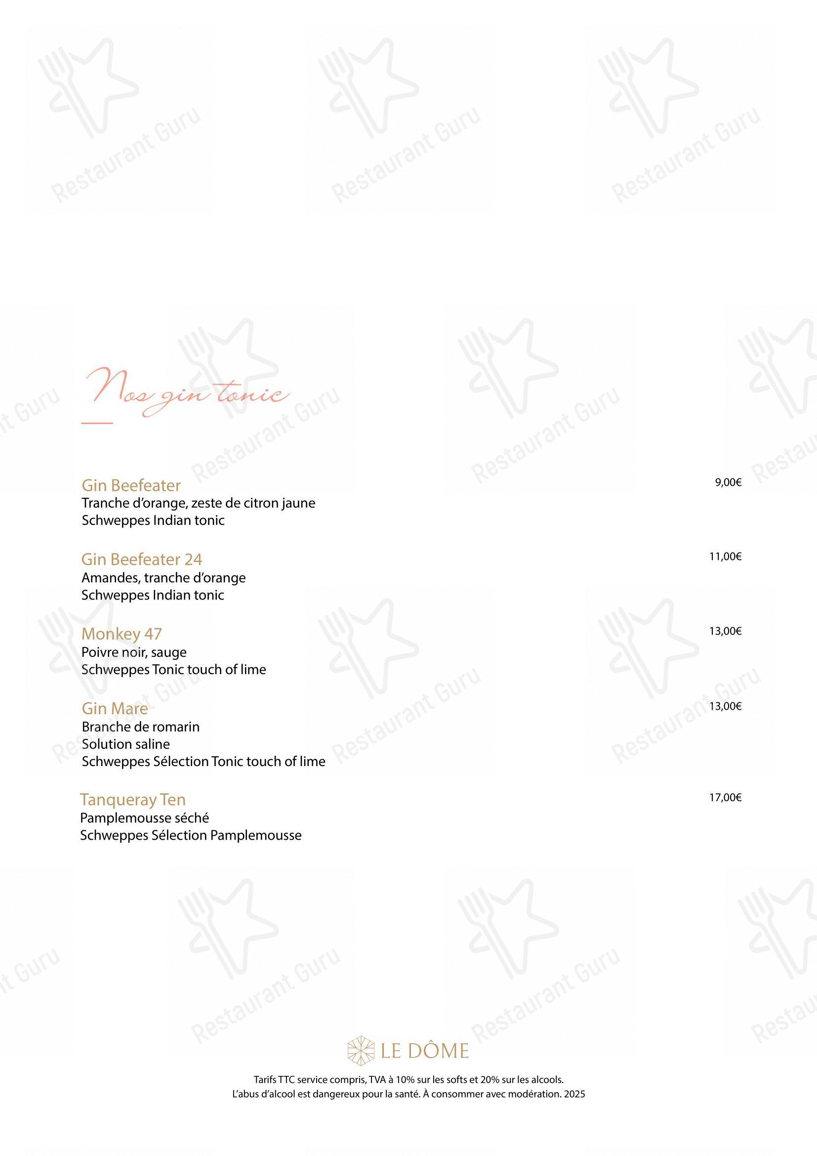 Menu pour Le Dôme - Menu bar