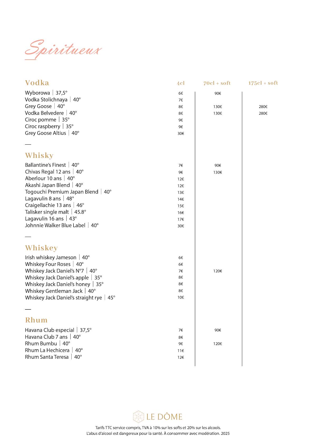 Menu de Le Dôme