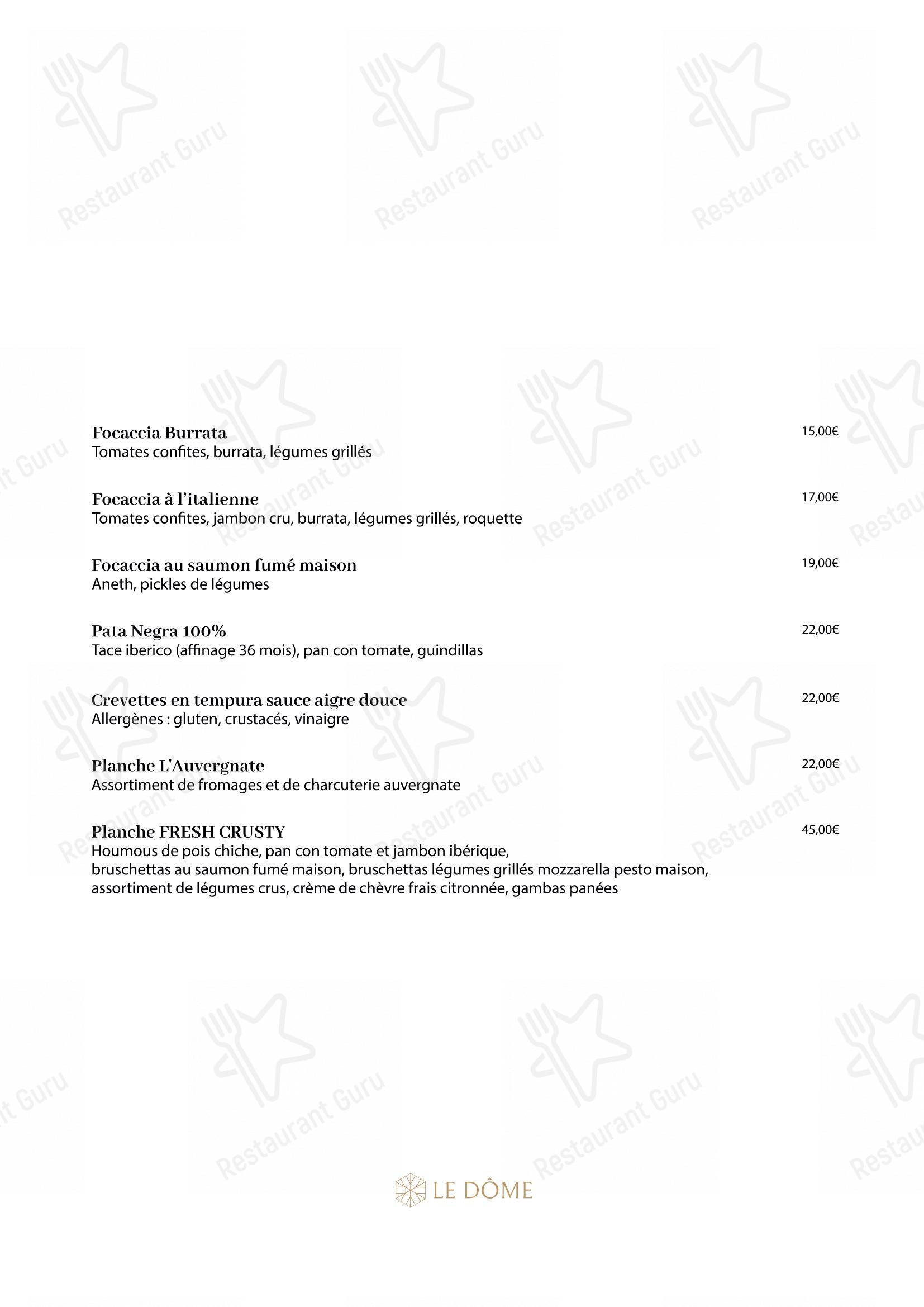 Menu pour Le Dôme - Menu bar